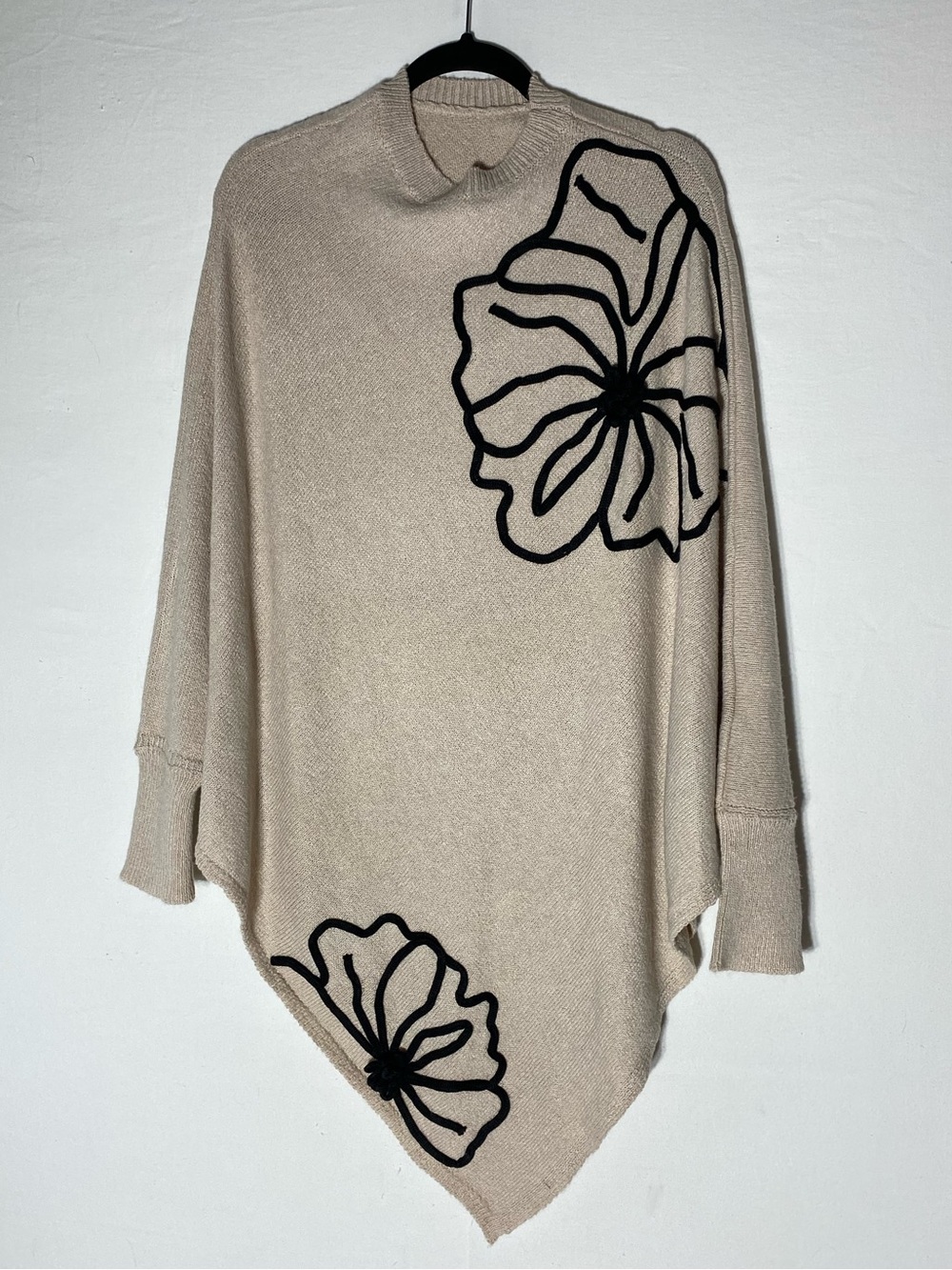 Beige Floral Knit Asymmetric Poncho Sweater M